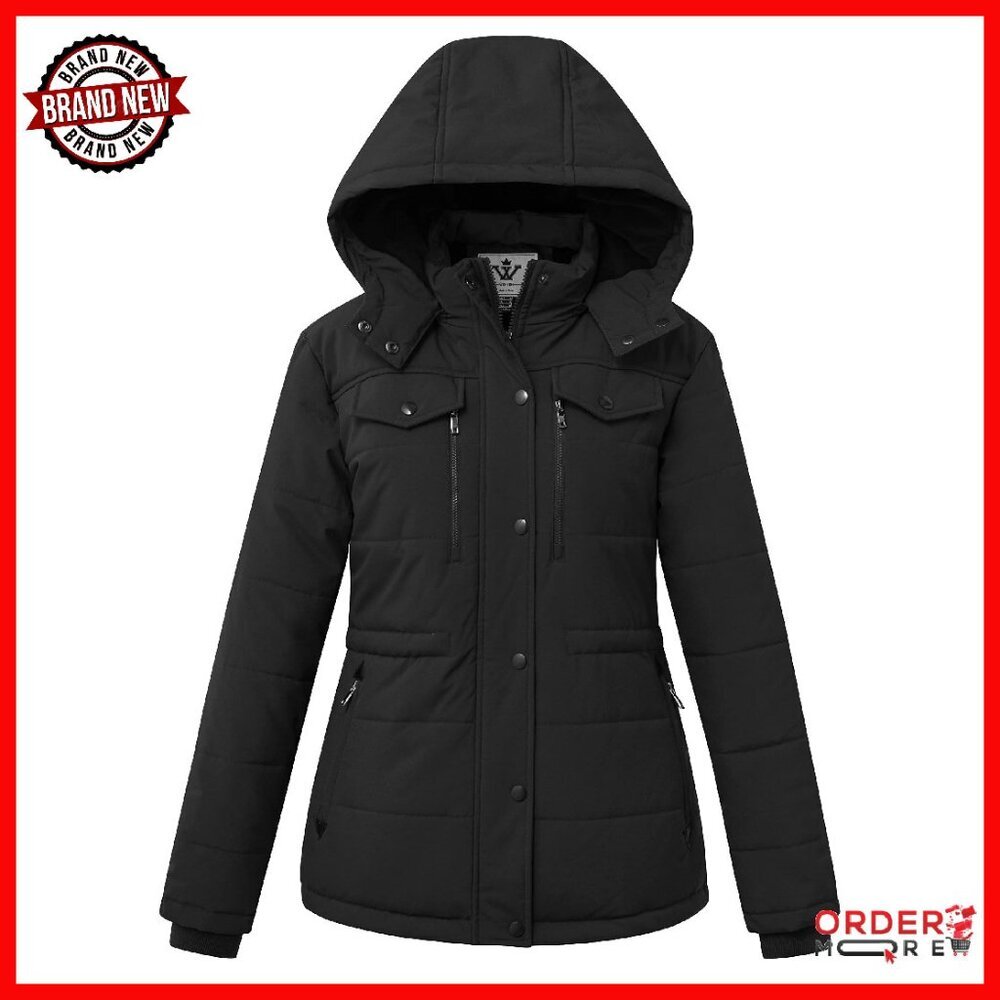 Women's Water Resistant Puffer Coat With Detachable Hood, Warm Winter Jacket